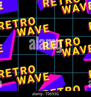 Vaporwave nahtlose 80er Jahre Stil Muster mit geometrischen Formen. Bunten Hintergrund mit Formen, Verläufe und Text. Stock Vektor