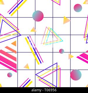 Vaporwave nahtlose 80er Jahre Stil Muster mit geometrischen Formen. Bunten Hintergrund mit Formen, Verläufe und Text. Stock Vektor