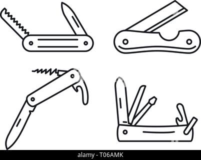 Multifunktions Taschenmesser Symbole gesetzt. Umrisse der Multifunktions Taschenmesser Vector Icons für Web Design auf weißem Hintergrund Stock Vektor
