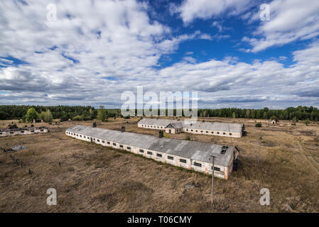 Schwein Häuser der Kolchose in verlassenen Mashevo Dorf von Tschernobyl Nuclear Power Plant Zone der Entfremdung Umgebung Reaktorkatastrophe, Ukraine Stockfoto