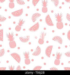 Nahtlose Muster mit Ananas, Orange Scheiben, Wassermelone. Tropische Früchte. Sommer Hintergrund. Stock Vektor