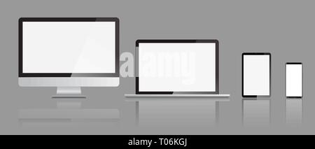 Festlegen von realistischen Monitore laptop Tablet und Smartphone Display mockups mit Vorderansicht. Vector Illustration. Stock Vektor