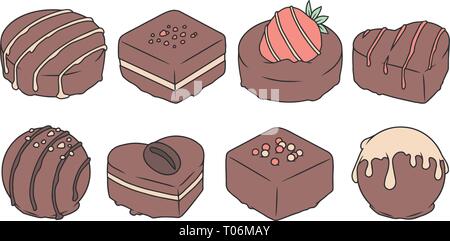 Vektor Sammlung von verschiedenen leckeren cartoon Pralinen Pralinen mit Verglasung und Streuseln Stock Vektor