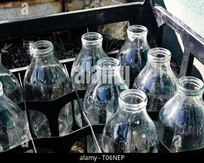 Leere Glas Milch Flaschen in einer Kiste, Großbritannien Stockfoto