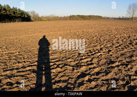 Die untergehende Sonne wirft einen langen Schatten eines Wanderers in den Furchen des Feldes in Norfolk, Großbritannien Stockfoto