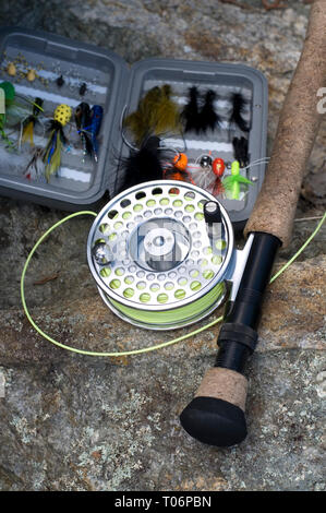 Schöne Fly Fishing Reel mit fliegt in einem Gerät, das auf einem Felsen Stockfoto