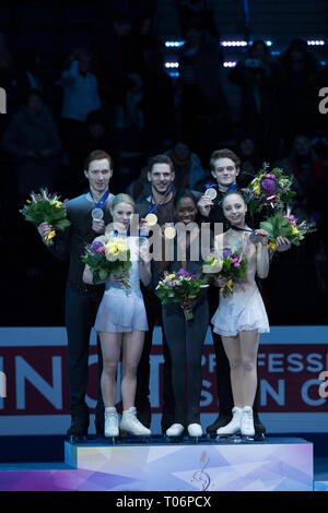 Evgenia Tarasova und Wladimir Morosow, Vanessa James und Morgan Cipres, Aleksandra Boikova und Dmitrij Kozlovskii während der Europameisterschaft 2019 Stockfoto