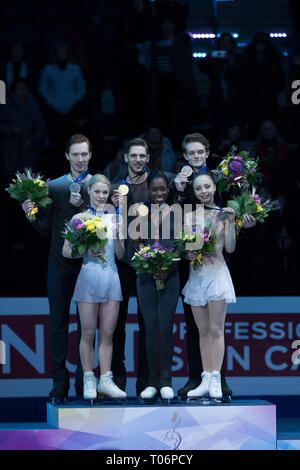 Evgenia Tarasova und Wladimir Morosow, Vanessa James und Morgan Cipres, Aleksandra Boikova und Dmitrij Kozlovskii während der Europameisterschaft 2019 Stockfoto