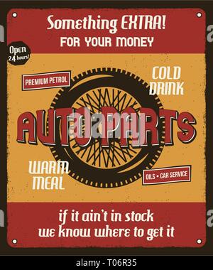 Auto Reparatur Service Retro Poster mit Silhouette Rad und Texte. Auto Teile und Mechanik auf Zoll, Transport Wartung und Instandsetzung vintage Broschüre Stock Vektor