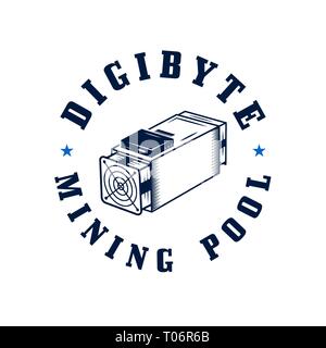 Digibyte Logo. Digital Asset Konzept - Bergbau pool Text. Crypto Emblem mit ASIC-Ausrüstung. Blockchain Technologie Aufkleber für den Druck. Vektor Stock Vektor