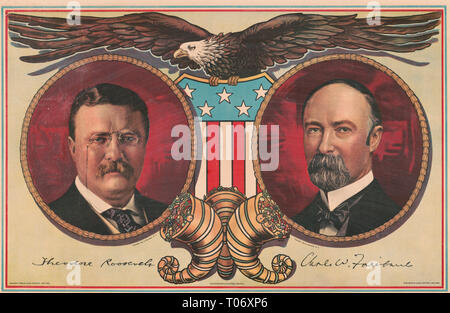 Drucken zeigt die politischen Plakat mit Büste Porträts von, auf der linken Seite, Theodore Roosevelt, Präsident, und, auf der rechten Seite, Charles W. Fairbanks, für Vice President, in Medaillons von einem Adler mit einem sternenbanner Schutzabdeckung getrennt und an der Unterseite, cornucopias. Umfasst faksimileunterschrift. 1904 Stockfoto