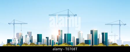 Moderne Stadt Baustelle Turmdrehkrane Gebäude Wohngebäude Stadtbild Sonnenuntergang skyline Hintergrund waagrechten Banner Stock Vektor