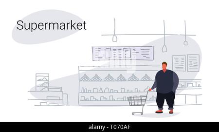 Fett Übergewicht Mann drücken Trolley Warenkorb Kauf von Produkten in Lebensmittelgeschäft essen Shopping Konzept modernen Supermarkt inneren flachen Skizze doodle Stock Vektor