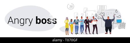 Unzufrieden fat man Chef werfen Papier Dokumente schreiend auf frustrierte Arbeitnehmer schlechter Job Konzept wütend beleibt Arbeitgeber schreien Mitarbeiter Büro Stock Vektor