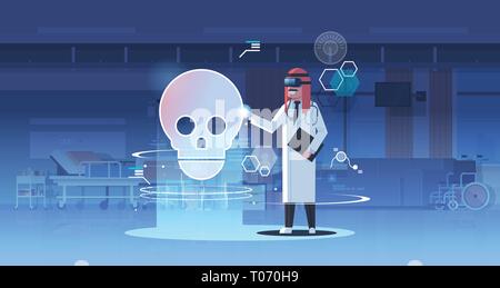 Arabische Arzt tragen digital Gläser Suche virtual reality Schädel Organ des Menschen Anatomie Healthcare Medical VR-Headset vision Konzept Krankenhaus Büro Stock Vektor