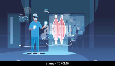 Männlicher Arzt tragen digital Gläser Suche virtual reality Muskel Organ des Menschen Anatomie Healthcare Medical VR-Headset vision Konzept Krankenhaus op Stock Vektor