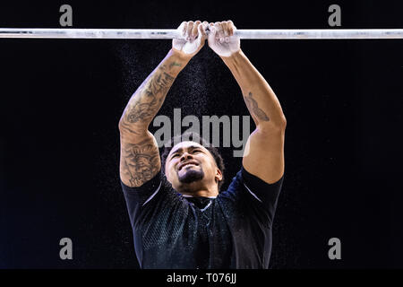 Liverpool, Großbritannien. 17. März, 2019. Reiss Beckford bei Männern Master's Final während der 2019 Gymnastik Britischen Meisterschaften bei M&S Bank Arena am Sonntag, den 17. März 2019. LIVERPOOL, ENGLAND. (Nur redaktionelle Nutzung, eine Lizenz für die gewerbliche Nutzung erforderlich. Keine Verwendung in Wetten, Spiele oder einer einzelnen Verein/Liga/player Publikationen.) Credit: Taka G Wu/Alamy Nachrichten Stockfoto