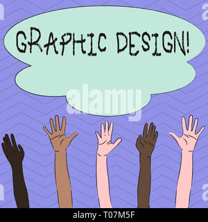 Konzeptionelle Handschrift zeigt Grafik Design. Begriff Sinne Kunst der Kombination von Text Bilder in der Werbung der verschiedenen Rassen die Hände Heben, die für Stockfoto