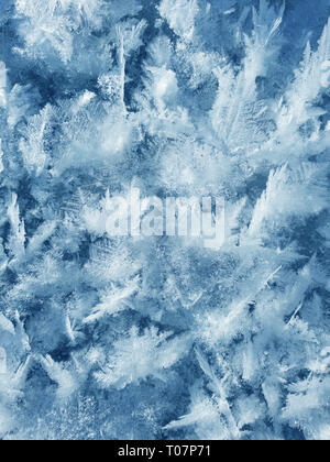 Snow Crystals Form schöne Schnee Muster auf gefrorenen eisigen Fluss. Schneeflocke Hintergrund. Stockfoto