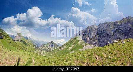 Alpine Blick auf Berge, Felsen, Wege, Wälder und Berge rund um den Genfer See in der Schweiz. Stockfoto