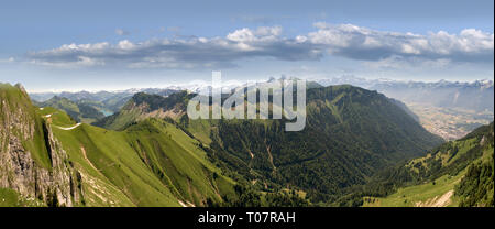 Alpine Blick auf Berge, Felsen, Wege, Wälder und Berge rund um den Genfer See in der Schweiz. Stockfoto