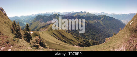 Alpine Blick auf Berge, Felsen, Wege, Wälder und Berge rund um den Genfer See in der Schweiz. Stockfoto