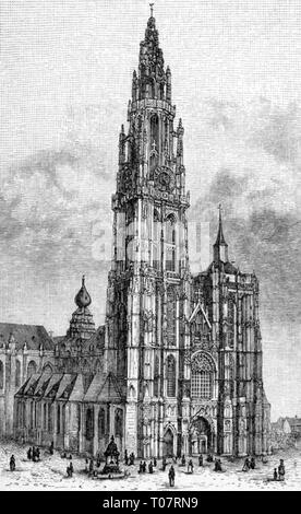 Geographie/Reisen, Belgien, Antwerpen, Kirchen, Kathedrale Unserer Lieben Frau, Außenansicht, Frontside, Holzstich, Ende 19. Jahrhundert, Katholische Kirche, Bistum Antwerpen, Architektur, Turm, Kirchturm, Kirchtürme, Kirchtürme, Kathedrale, Kathedralen, Flandern, Westeuropa, Menschen, Kirchen, Kirche, historischen, historische, künstlerische Urheberrecht nicht geklärt zu werden. Stockfoto