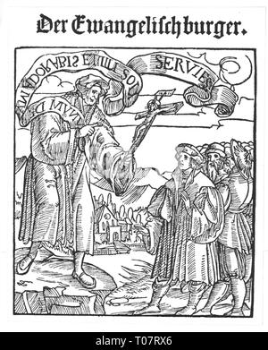 Reformation 1517 - 1648, Schreiben, 'Der Ewangelisch Burger' von Pamphilus Gengenbach, polemischen Streitschrift mit Bezug auf Thomas Murner, Titel Holzschnitt, Basel, 1522, Artist's Urheberrecht nicht geklärt zu werden. Stockfoto