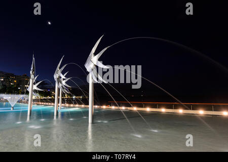 Beleuchtete fisch Skulpturen in der Lagune bei Nacht, Cairns Esplanade, Far North Queensland, FNQ, QLD, Australien Stockfoto