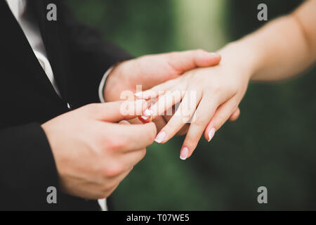 Braut und Bräutigam Hochzeit Ringe austauschen. Stilvolle paar offizielle Zeremonie Stockfoto