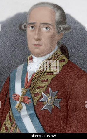 Jose Moñino y Redondo, 1 Graf von Floridablanca (1728-1808). Spanische Staatsmann. Die Lithographie. Detail. Zeichnung von Llanta. Später Färbung. Cronica de España, Historia y Ilustrada Descriptiva de Sus Provincias. Murcia, 1870. Stockfoto