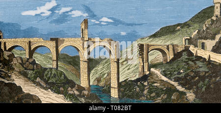 Spanien. Der Extremadura. Alcantara Bridge. Römische Brücke. Es war über Thagus Fluss zwischen 104-106 AD im Auftrag von Kaiser Trajan bilt. Die fehlenden arch wurde 1809 abgerissen und neu aufgebaut in 1860. Gravur. Später Färbung. Cronica de España, Historia y Ilustrada Descriptiva de Sus Provincias. Extremadura, 1870. Stockfoto
