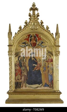 'Madonna mit Kind auf dem Thron mit Heiligen und Engel". Italien, Ende 1330 - Anfang 1340 s. Abmessungen: 52 x 36,5 cm. Museum: Staatliche Eremitage, St. Petersburg. Autor: Pietro Lorenzetti (Kreis). Stockfoto