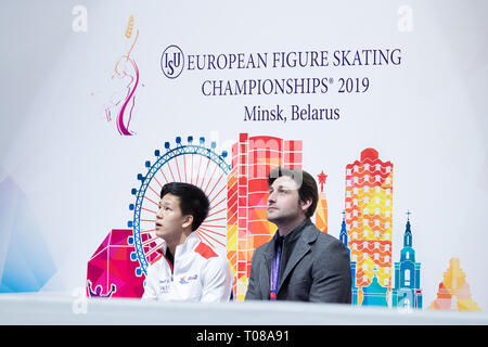 Adam Siao ihm Fa und Brian Joubert aus Frankreich während der Europameisterschaft 2019 Stockfoto