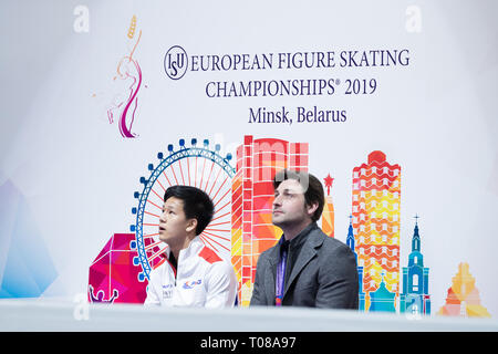 Adam Siao ihm Fa und Brian Joubert aus Frankreich während der Europameisterschaft 2019 Stockfoto