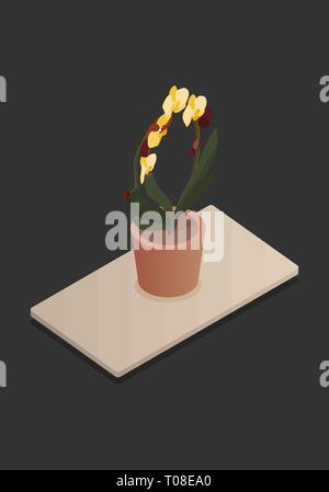 Isometrische Pflanzen im Topf auf den Tisch. 3D-Pflanzen für Design aus einem Wohnzimmer oder Büro. Vector Illustration. Stock Vektor