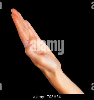Frau, offene Hand nehmen oder etwas auf schwarzem Hintergrund angezeigt. Mit Freistellungspfad isoliert. Stockfoto
