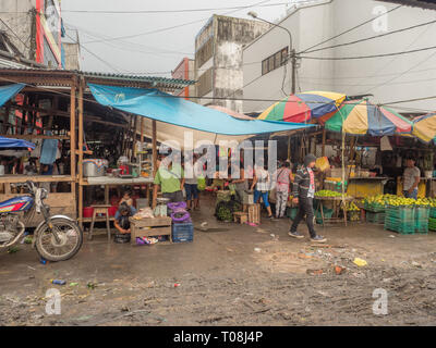 Iquitos, Peru - 06 Dezember, 2018: Markt mit verschiedenen Arten von Fleisch, Fisch und Obst. Belen Markt. Lateinamerika. Belén Mercado. Stockfoto