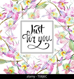 Blumenstrauß aus rosa Orchidee. Florale botanischen Blumen. Aquarell Hintergrund Abbildung. Rahmenlinie ornament Quadrat. Stockfoto