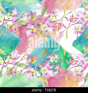 Blumenstrauß aus rosa Orchidee. Florale botanischen Blumen. Aquarell Hintergrund Abbildung. Nahtlose Muster. Stockfoto