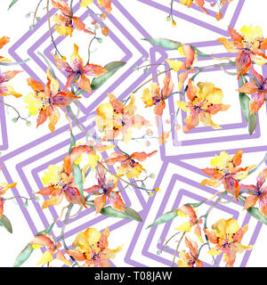 Zweig der gelbe Orchidee. Florale botanischen Blumen. Aquarell Hintergrund Abbildung. Nahtlose Muster. Stockfoto