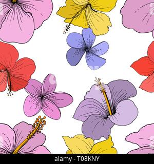 Vektor Hibiskus Blumen tropische Blumen. Graviert Tinte Kunst auf weißem Hintergrund. Nahtlose Muster. Stock Vektor