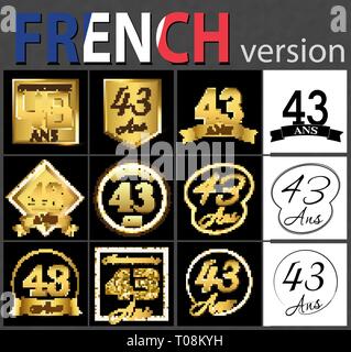 Satz von Nummer 43 Jahre (43 Jahre) fest. Jahrestag goldene Vorlage Anzahl Elemente für Ihre Geburtstagsfeier. Übersetzt von Th Stock Vektor