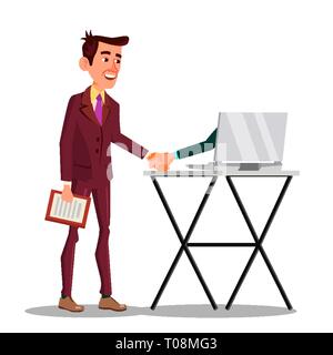 Geschäftsmann zitternden Hand Erweitert auf dem Bildschirm seines Laptops Vektor Flachbild Cartoon Illustration Stock Vektor