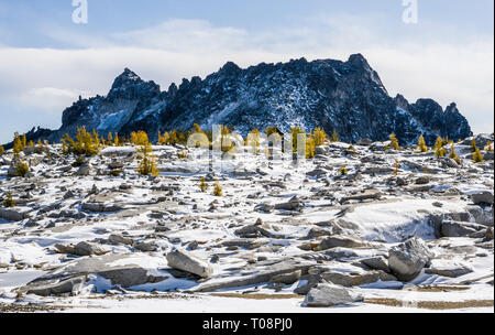 Ein Blick von der oberen Verzauberung Bereich Seen Wilderness zu McClellan Peak, Washington Kaskaden, USA suchen. Stockfoto