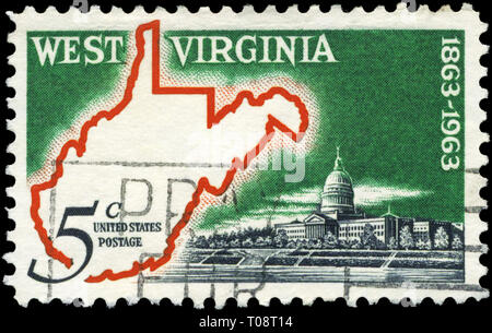 USA - ca. 1963: einen Stempel in den USA gedruckten zeigt Karte & State Capitol, West Virginia Staatlichkeit Centenary, ca. 1963 Stockfoto