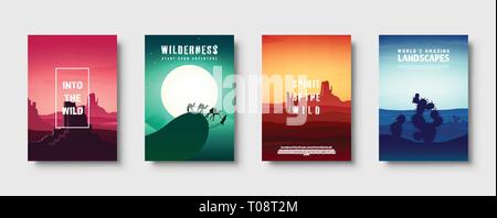 Wüstentour. Extreme Tourismus und Reisen. Zurück zur Natur. Sands. Ausflüge in Afrika. Horizont Einklang mit Himmel. Mountaines. Vector Illustration. Stock Vektor