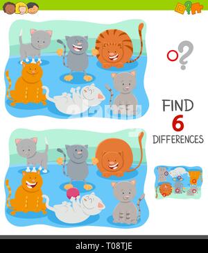 Cartoon Illustration des Findens von sechs Unterschiede zwischen den Bildern Lernspiel für Kinder mit glücklichen Katzen Stock Vektor