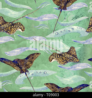 Spotted Stingray, Handgemalten Aquarell Illustration, nahtlose Muster auf Grün, Blau ocean Oberfläche mit Wellen Hintergrund Stockfoto