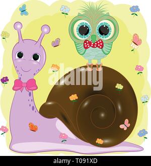 Süße Eule und Schnecke cartoon Vector Illustration Stock Vektor